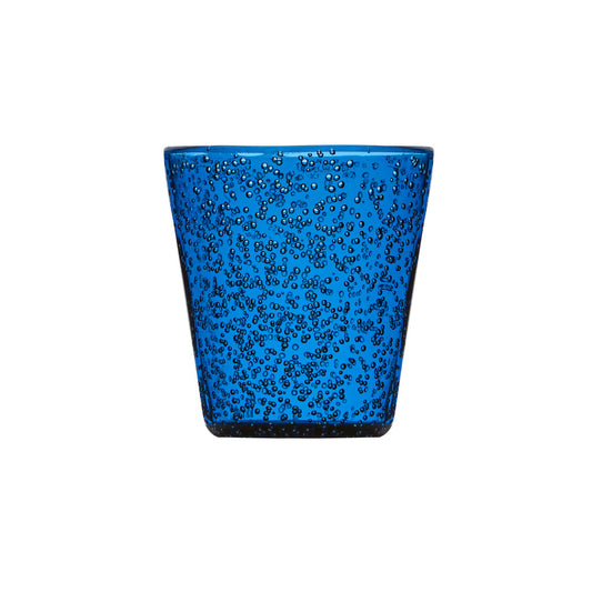 Blått okrossbart shotglas i plast med luftbubblor från Memento – perfekt för utomhusbruk
