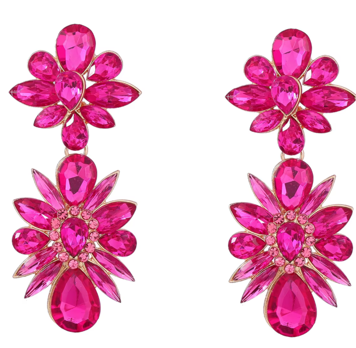 Cerise blomörhängen med glasstenar – färgstarka hängande blomörhängen