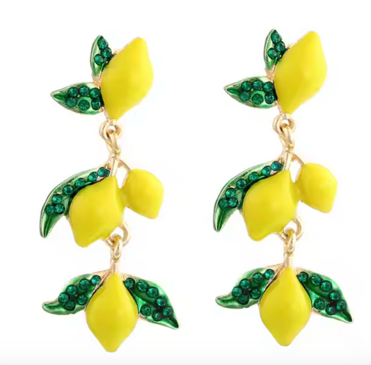 Örhängen formade som citroner med gröna blad och glittrande stenar, ca 5 cm långa