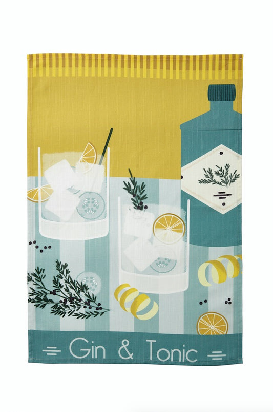 Kökshandduk med Gin & Tonic-motiv i linne och bomull, storlek 43x65 cm