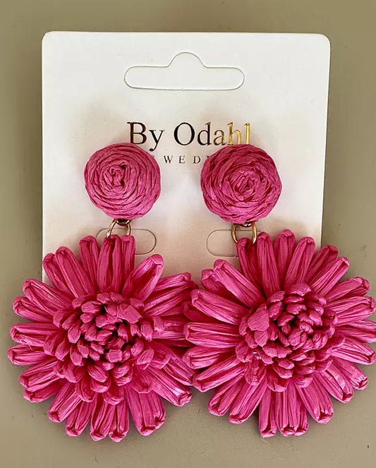 Närbild på färgglada bastörhängen i blomform med metallfäste