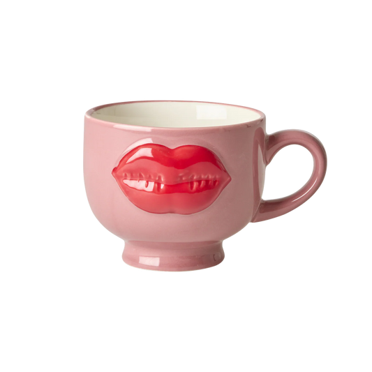 Rosa keramikmugg med röda läppar i designen, 250 ml.