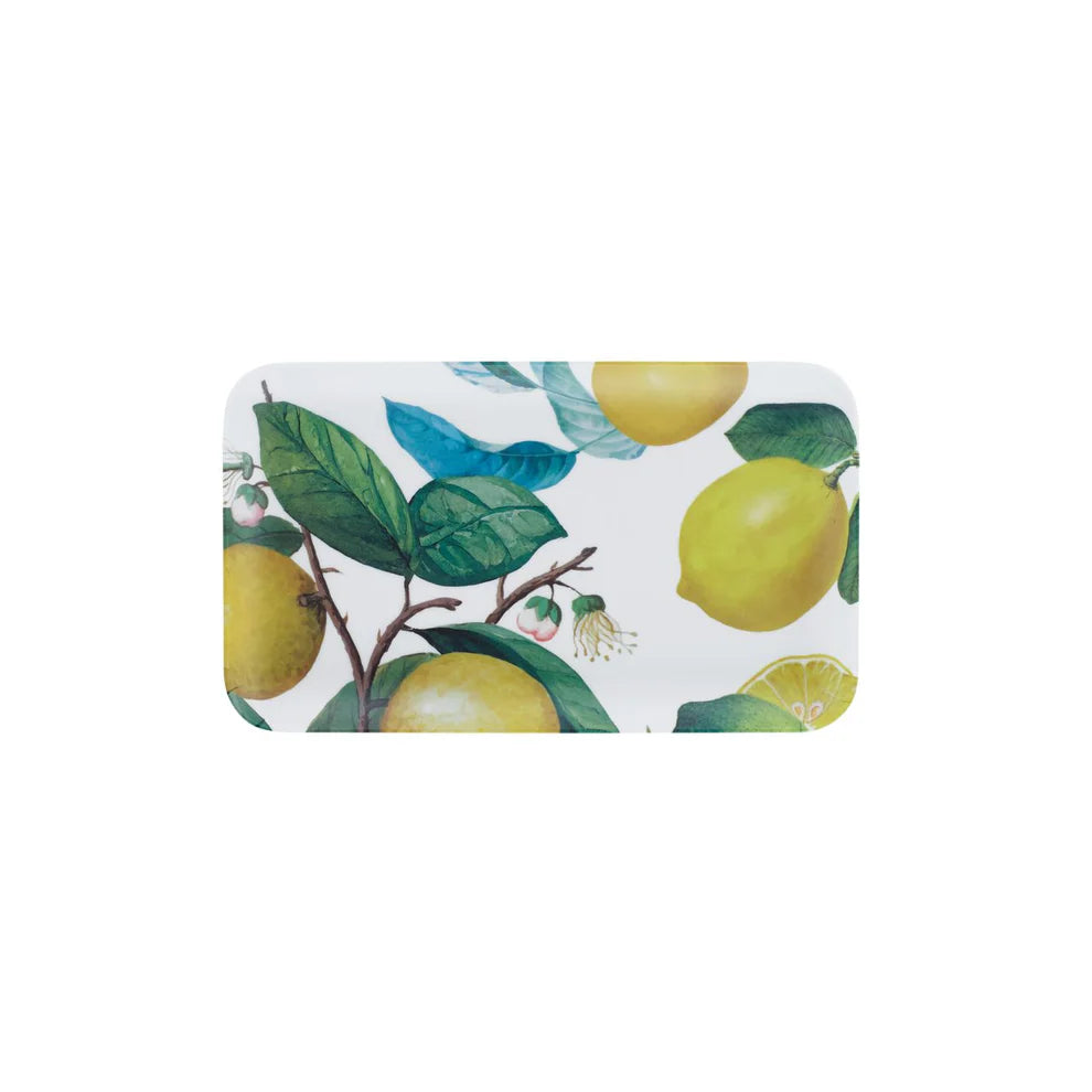 Liten rektangulär bricka: 10x13 cm, höjd 1 cm, med citroner