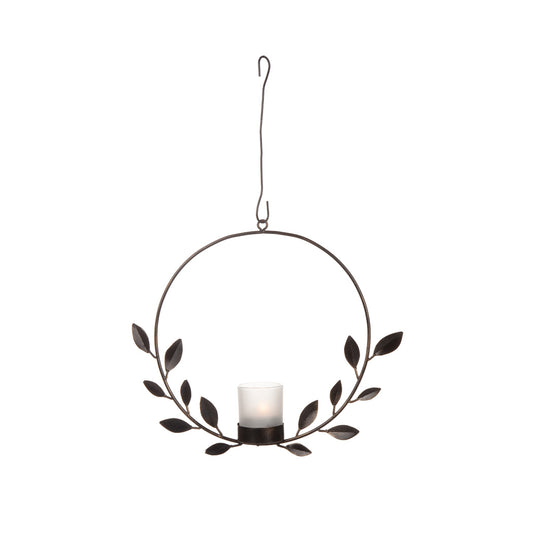 Rund ljuslykta i smide med bladmotiv, 27 cm hög.