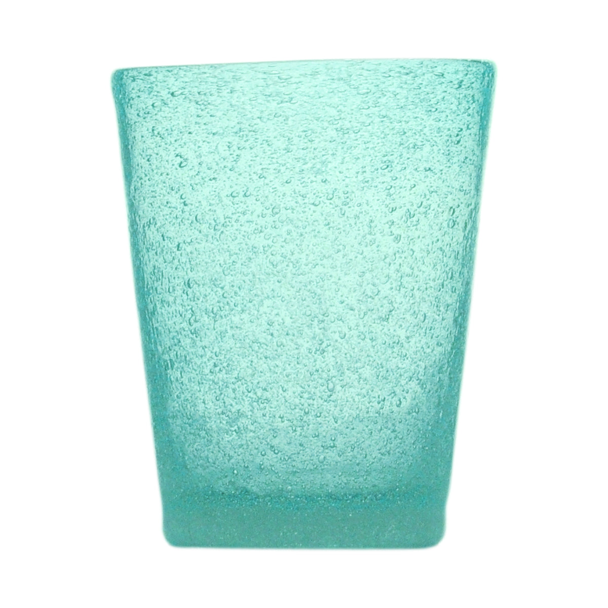 Turkost Memento-glas i handblåst färgat glas med dekorativa bubblor. Unikt hantverk och modern design.