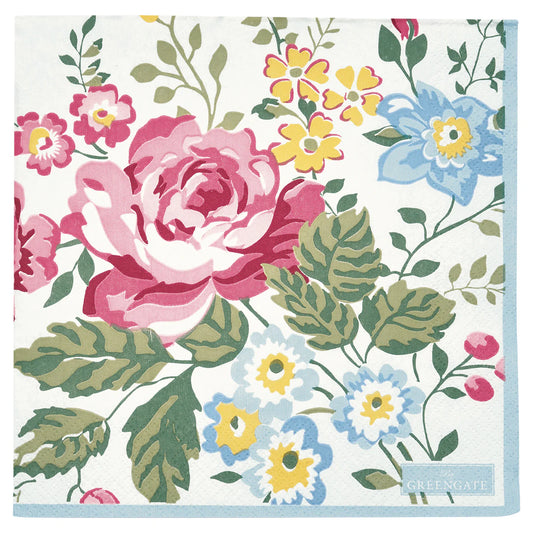 Blommiga pappersservetter i vitt från GreenGate, serie Elina, 33x33 cm, 20-pack.