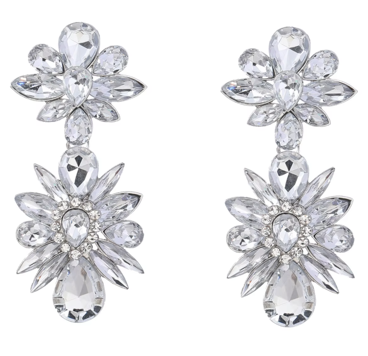 Silverfärgade blomörhängen med glasstenar – eleganta statementörhängen med blommor