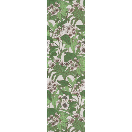 Grön bordslöpare 35x120 cm med bladmotiv – ekologisk bomull, design Betty Svensson, tillverkad av Ekelund i Sverige.