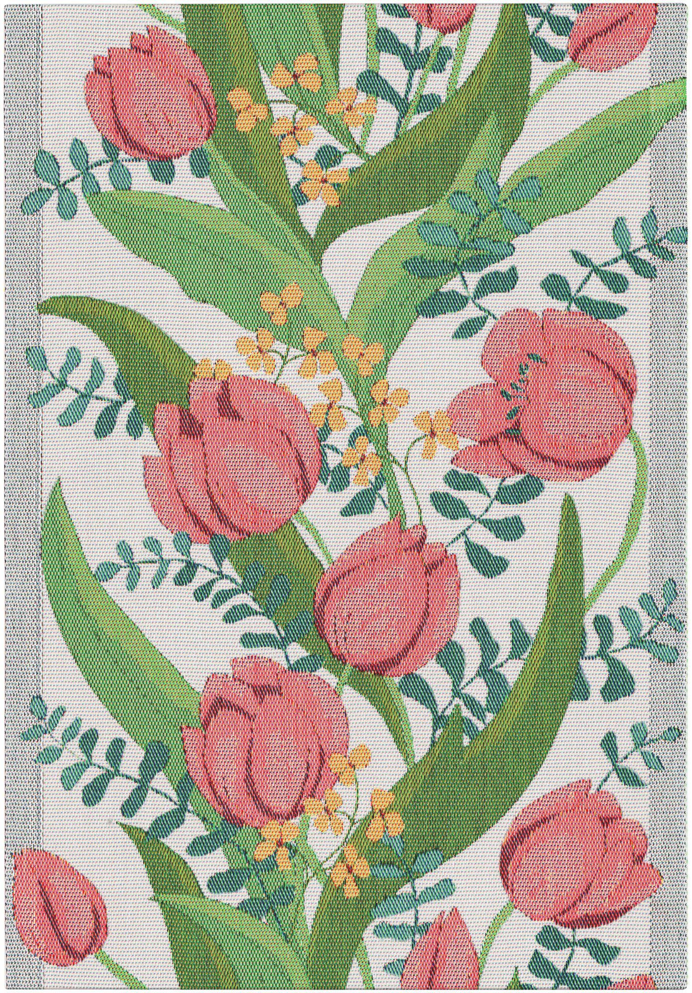 Kökshandduk med mönstret Tulpanlund från Ekelunds, vävd i bomull med dekorativt tulpanmotiv, 35 x 50 cm.