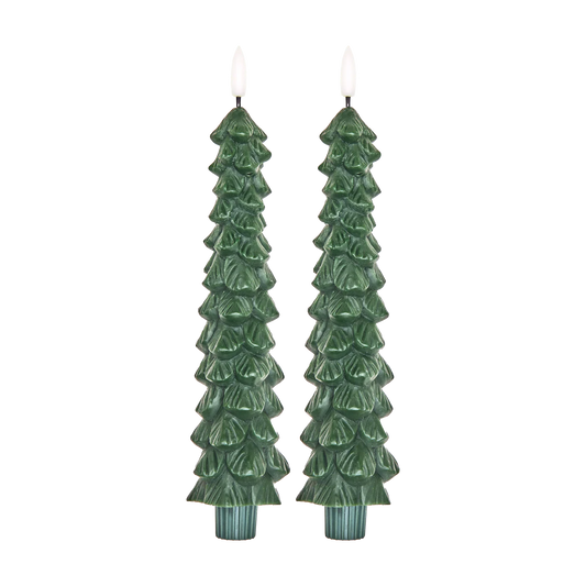 LED-ljus formade som julgranar med fladdrande låga, 25 cm höga.