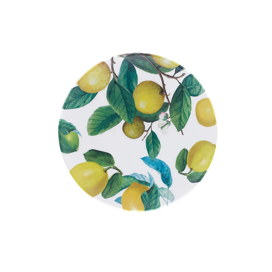 Tre desserttallrikar i melamin med citronmotiv i gult och grönt – mikrovågssäkra tallrikar från Sorrento-serien