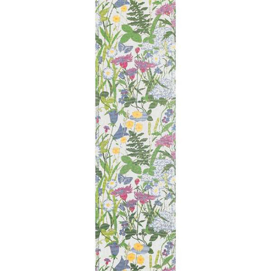 Sommartid löpare från Ekelund i ekologisk bomull, med blommigt motiv i grönt, rosa och gult – finns i två storlekar.