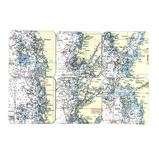 Set med 6 glasunderlägg med sjökort