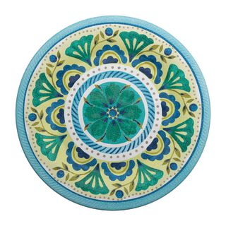Melamintallrik med elegant turkos, grönt och gult mönster, idealisk för både vardagsbruk och utomhusmåltider.