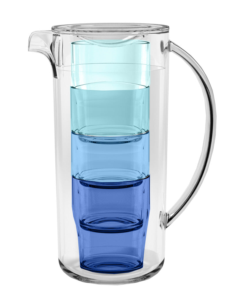 Plastkaraff med stapelbara glas