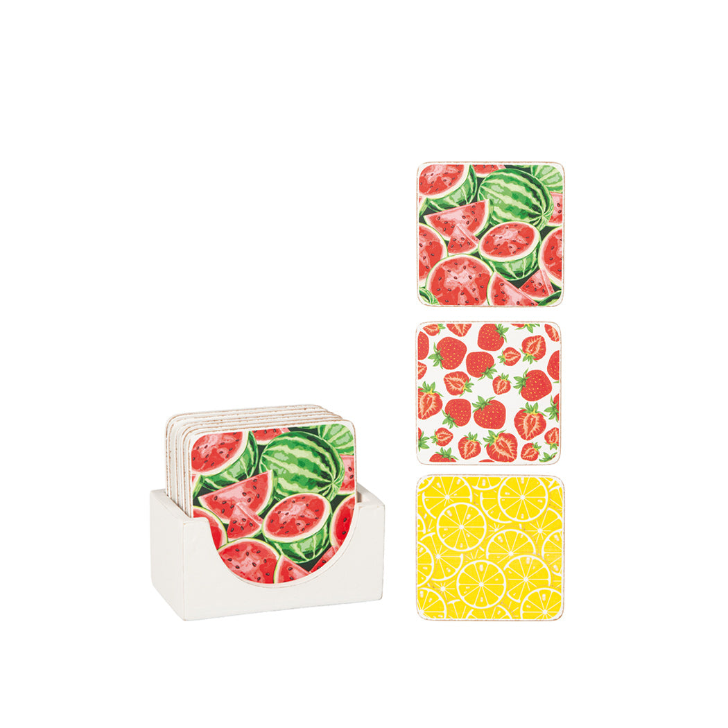 Glasunderlägg med somriga motiv av citron, vattenmelon och jordgubbe i presentförpackning.