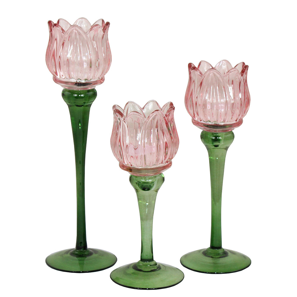 Tulpanlykta glas rosa grön värmeljus