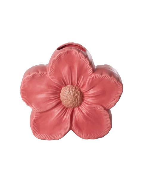 Keramisk vas formad som en stor blomma med dekorativa kronblad och blomsterdetaljer.