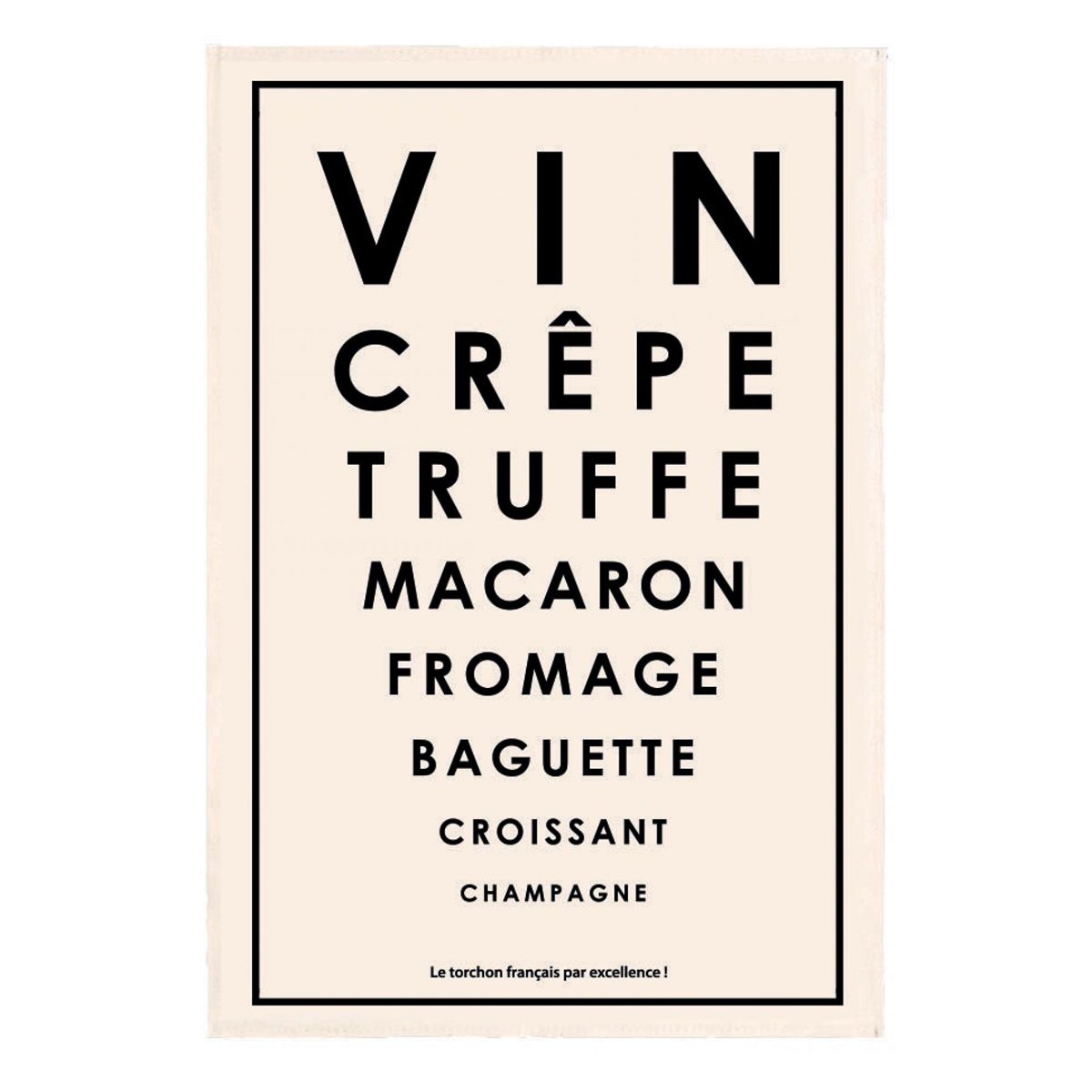 Kökshandduk med svart texttryck: vin, crêpe, truffe, macaron, fromage, baguette, croissant, champagne.