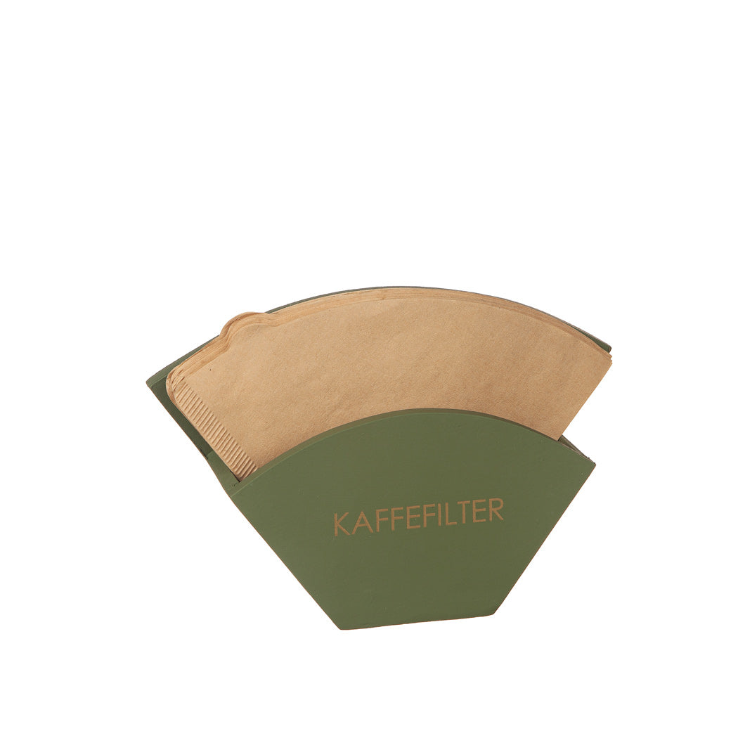 Grön kaffefilterhållare i trä med förvaring för kaffefilter