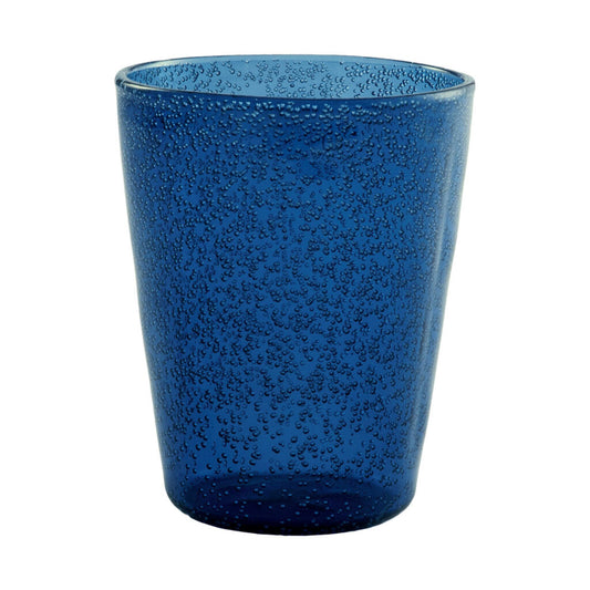 Memento plastglas i blått med bubblig yta på vit bakgrund