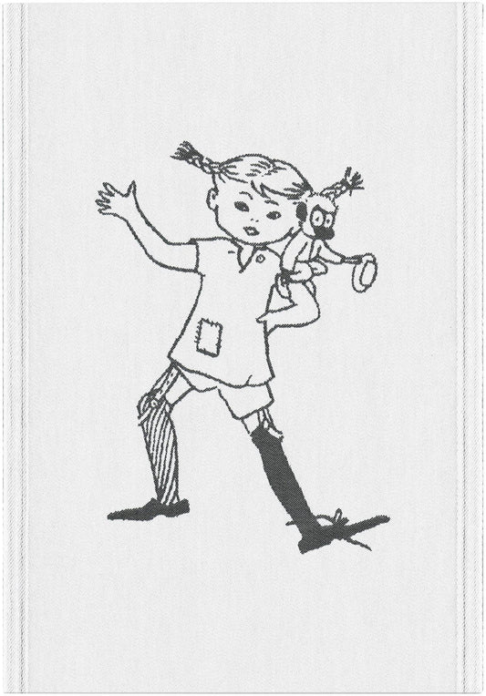 Kökshandduk med mönstret Pippilotta från Ekelunds, vävd i bomull med dekorativt Pippi Långstrump-inspirerat motiv, 35 x 50 cm.