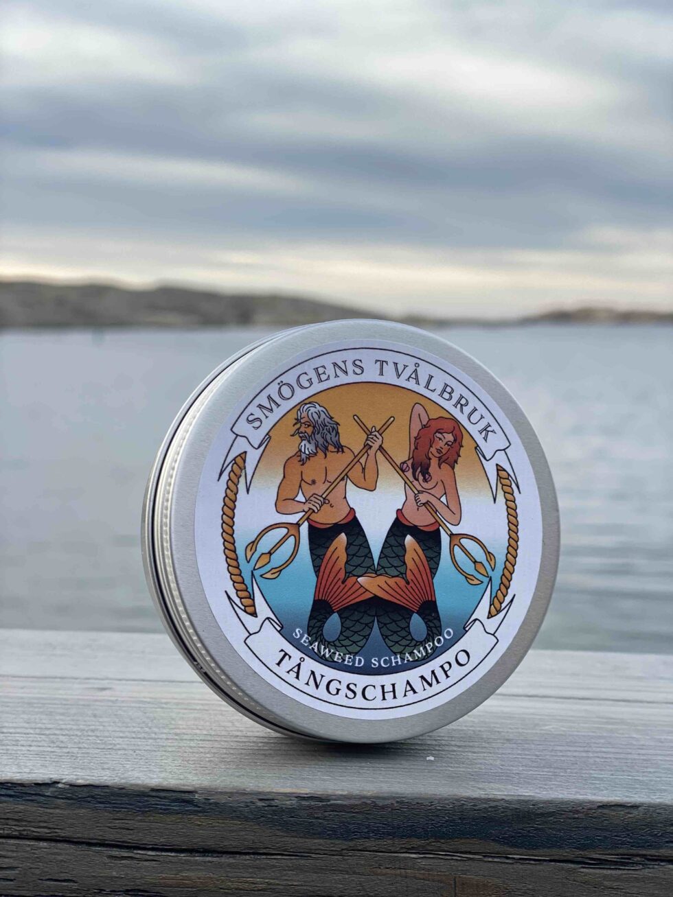 Tångschampo från Smögens Tvålbruk i aluminiumdosa med doft av bergamott och innehåll av tång.