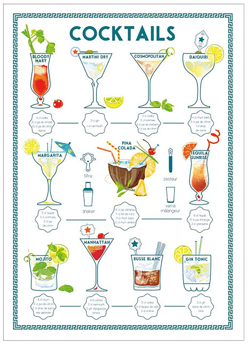Vit kökshandduk med färgglada cocktaildrinkar i olika glas