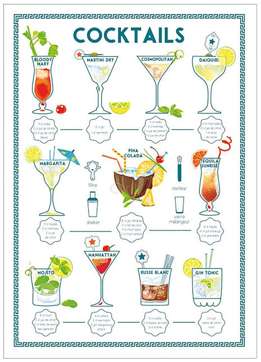 Vit kökshandduk med färgglada cocktaildrinkar i olika glas