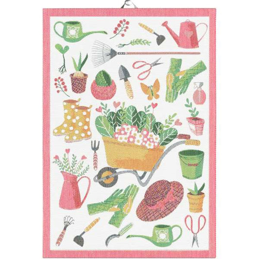 Kökshandduk Greenary från Ekelund med motiv av trädgårdsredskap och växter, i 100 % ekologisk bomull, 35 × 50 cm