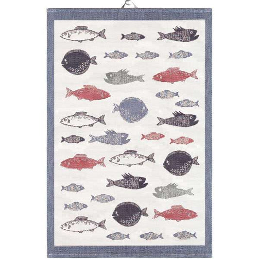 Kökshandduk från Ekelund med motiv av fiskar, vävd i 100 % ekologisk bomull, mått 40 × 60 cm