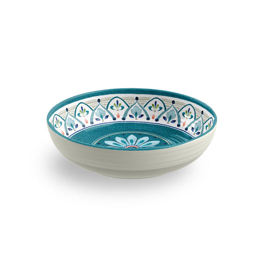Rabat djup tallrik i turkos melamin med marockansk design, perfekt för soppor och pasta.